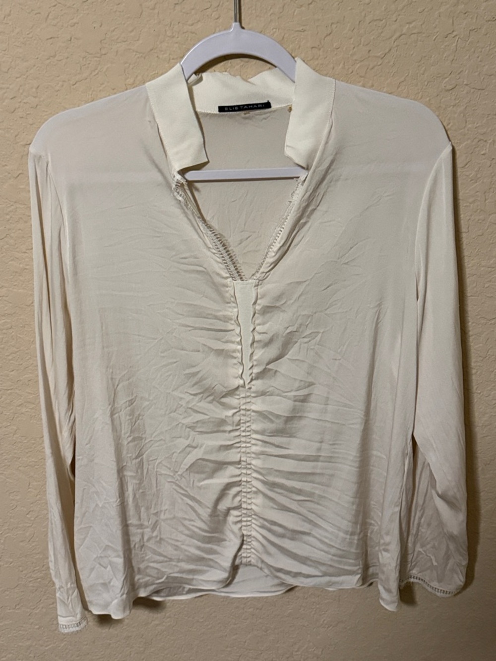 Elie Tahari Ivory Ruched V-Neck Long Sleeve Blouse large